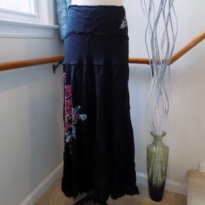 Floral Sequin Embroidered Black 100% Cotton Skirt Size Large
